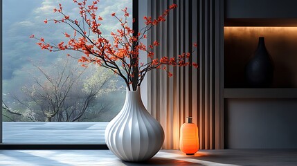 White vase with red flowers on a table next to a window with a view of a forest, a lamp and a shelf with a vase.