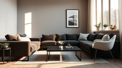 Aesthetic Living Room Interior with Modular Sofa and Mock-Up Poster Frame for Home Decor Inspiration