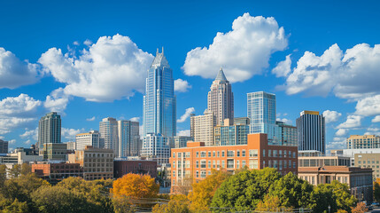 Obraz premium Centrum miasta ukazuje szereg imponujących budynków i luksusowych wieżowców, które wznoszą się dumnie pod błękitnym niebem.
