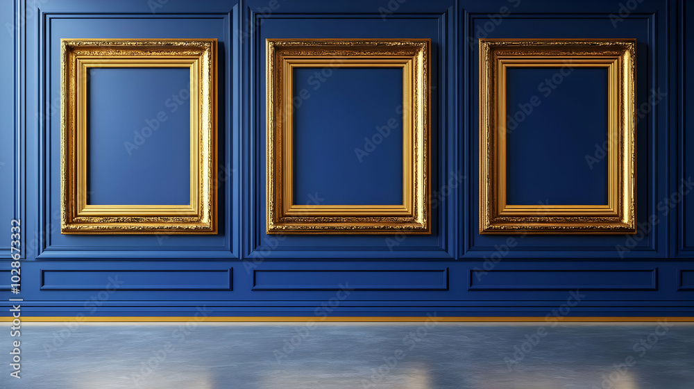 Wall mural elegant blue wall with empty golden frames for artwork display.