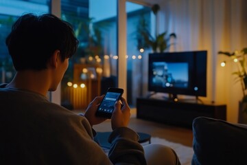 Man Watching TV Streaming From Smartphone, Generative AI