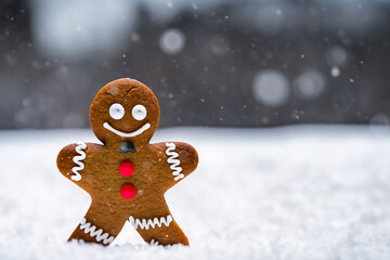 pain d'épice en forme de bonhomme dans un fond enneigé