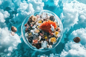 Underwater culinary paradise, vibrant marine life mingles with elegant dishes, aerial drone perspective, colorful presentation
