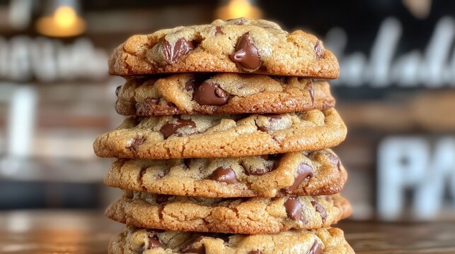 A freshly baked stack of chocolate chip cookies with melting chocolate chips, emanating a mouthwatering and comforting aura in a cozy setting.