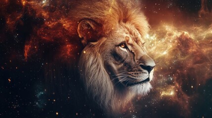Fototapeta premium A surreal lion portrait with a cosmic background, blending realism with fantasy elements