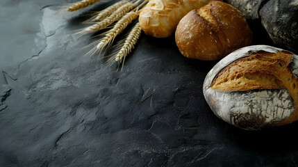 A Close-Up View of Diverse Artisan Breads on Dark Surface, Complemented by Wheat Ears and Display Space for Text