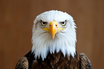 Fototapeta premium Close up of an eagle's face with its beak open. The eagle's eyes are staring at the camera, and its expression is fierce and determined. American bald eagle