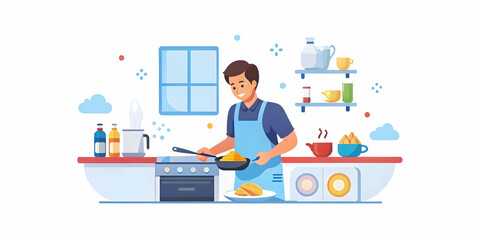 Candid Shot of a Person Making Breakfast in a Cozy Kitchen with Copy Space for Ads on Kitchen Appliances and Home Cooking Products