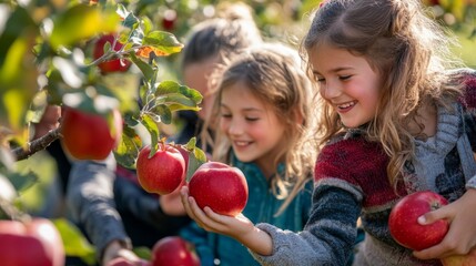 Fototapeta premium Children Picking Ripe Apples From a Tree Branch