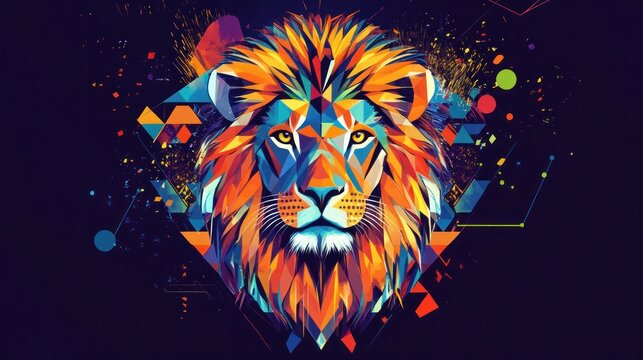 Abstract lion head illustration with geometric patterns and vibrant colors, creating a modern, artistic look