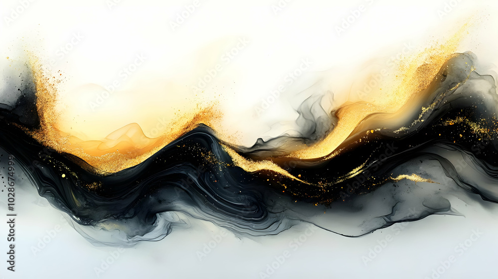 Sticker Abstract fluid art with black, gold, and white swirling colors.