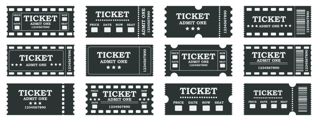 Naklejka premium Set of realistic ticket layouts for a concert, circus, boarding a plane, lottery, cinema, coupon. On an isolated background. Vector illustration.