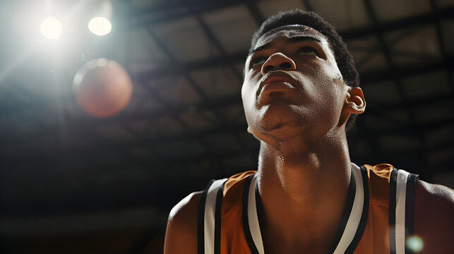 Close-up of a basketball player concentrating on a free throw under bright stadium lights, capturing his intense focus and determination. - Powered by Adobe