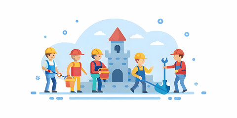 Fototapeta premium Children Building a Sandcastle: Constructive Fun at the Beach with Toy Tools, Teamwork, and Soft Abstract Background for Creative Stock Photography