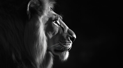 Naklejka premium Artistic lion portrait in black and white, with a dramatic use of shadows and highlights