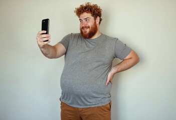 Obese young male with curly ginger hair and beard holding mobile phone, posing for selfie, looking at camera with flirty smile while his fat belly hanging out of grey shrunk t-shirt and jeans pants