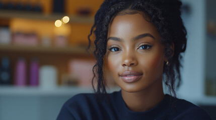 female vlogger creating cosmetic product explainer video. Portrait of African American woman recording personal make up vlog video. Young happy pretty influencer beauty fashion blogger