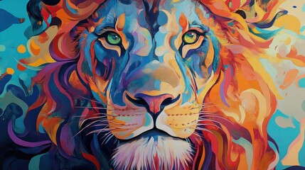 Artistic portrayal of a lion in a surreal style, bright colors, and exaggerated features