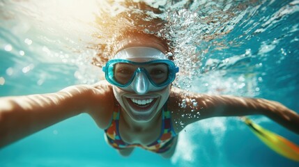 Naklejka premium A young woman takes a joyful selfie underwater wearing goggles, reflecting pure happiness and the exhilarating experience of exploring the aquatic wonders beneath.