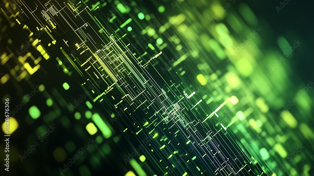 Poster Abstract digital background with glowing lines and dots in green and yellow hues.