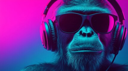 Cool neon party dj monkey in headphones and sunglasses