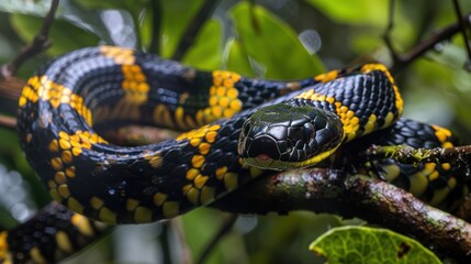A Black and Yellow Banded Snake Coiled on a Branch