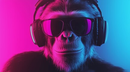 Cool neon party dj monkey in headphones and sunglasses