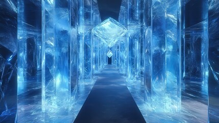 A massive, glowing labyrinth made of crystal walls that shift and change, reflecting distant galaxies and alien landscapes through each turn 