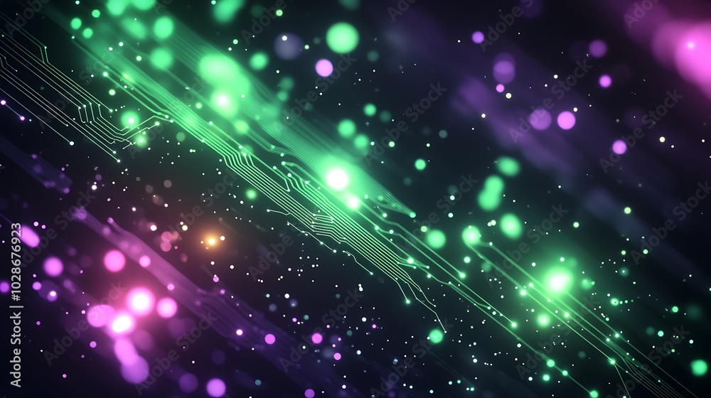 Poster abstract digital background with glowing lines and particles in green and pink.