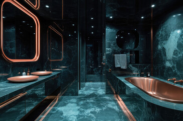 A luxurious bathroom with dark marble walls, copper accents, and an elegant bathtub. The lighting is soft yet dramatic, creating a sense of opulence and sophistication