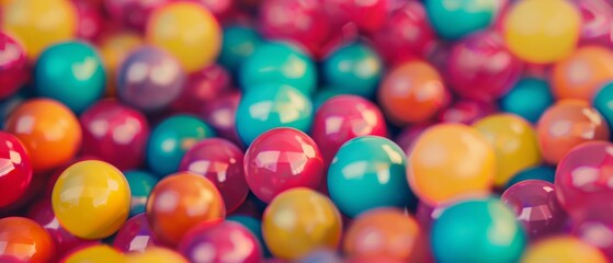 A vivid array of colorful gumballs fills the frame, creating a joyful, nostalgic scene of sweet indulgence and childhood delight.