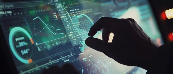 Complex graphs and data streams glow on a high-tech screen, reflecting the cutting-edge world of digital analytics and information technology.