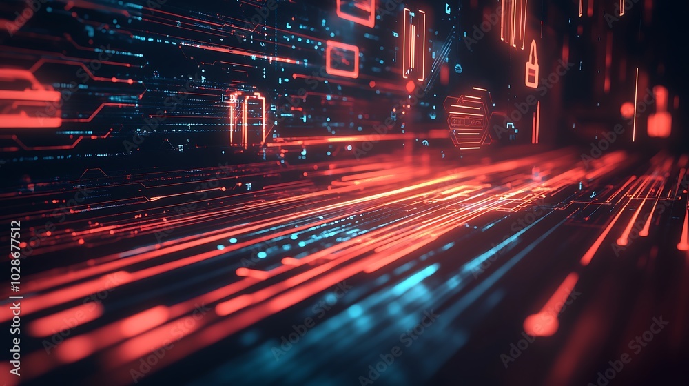 Poster abstract digital background with glowing lines and shapes.