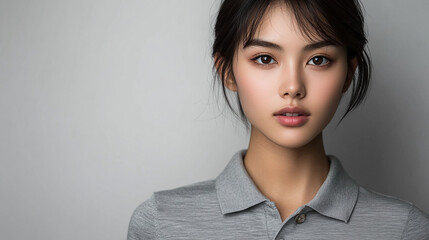 Portrait of a young asian beautiful woman in a polo shirt on a gray studio background