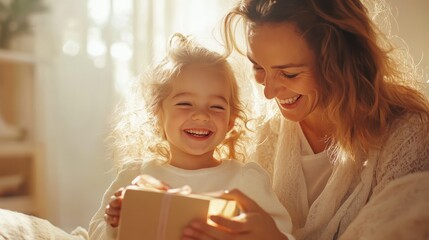 A mother and her young daughter delightfully sharing a joyful moment while holding a gift, surrounded by soft, warm lighting reflecting love and happiness.