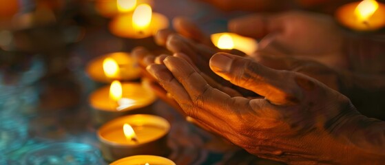 Hands engaged in a gentle, reverent gesture amid the soft glow of candles, radiating warmth and calm in a serene, spiritual setting.