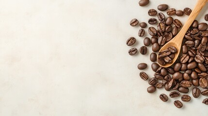 A wooden spoon elegantly positioned among coffee beans on a light background, highlighting the...