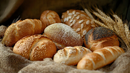 Fototapeta premium An Inviting Arrangement of Freshly Baked Artisan Breads on a Rustic Dark Surface Accented with Wheat and Text Space