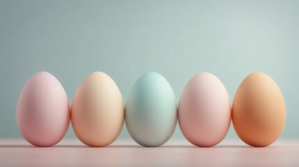 Five pastel-colored eggs arranged in a row against a smooth background showcasing a subtle gradient of soft hues, creating a gentle and harmonious visual appeal.