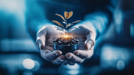Hands holding a growing plant symbolize nurturing innovation and new ideas.