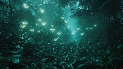 Obraz premium A dense, glowing jungle filled with alien plants that emit light, casting a surreal glow across the forest floor, and strange creatures lurking in the shadows