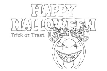A fun Halloween-themed coloring page featuring a scary jack-o-lantern with fiery details and bold Happy Halloween text. Great for kids.