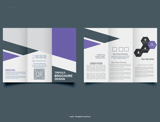 Vector tri-fold brochure template with photo space and triangular purple element illustration.