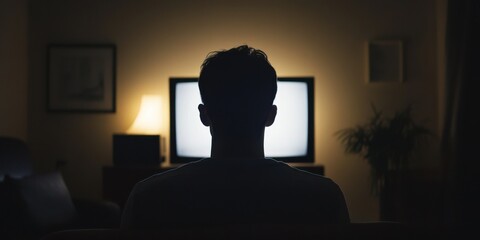 A man sits in the dark in front of an empty screen