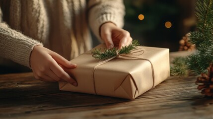 An intimate holiday scene displays hands wrapping a gift with natural elements on a rustic wooden table, capturing warmth and craft during a festive season.
