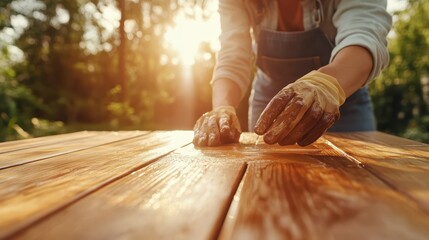 Person in gloves applies varnish to a wooden outdoor table during a sunny day, focusing on craftsmanship and creating a gleaming, polished finish.