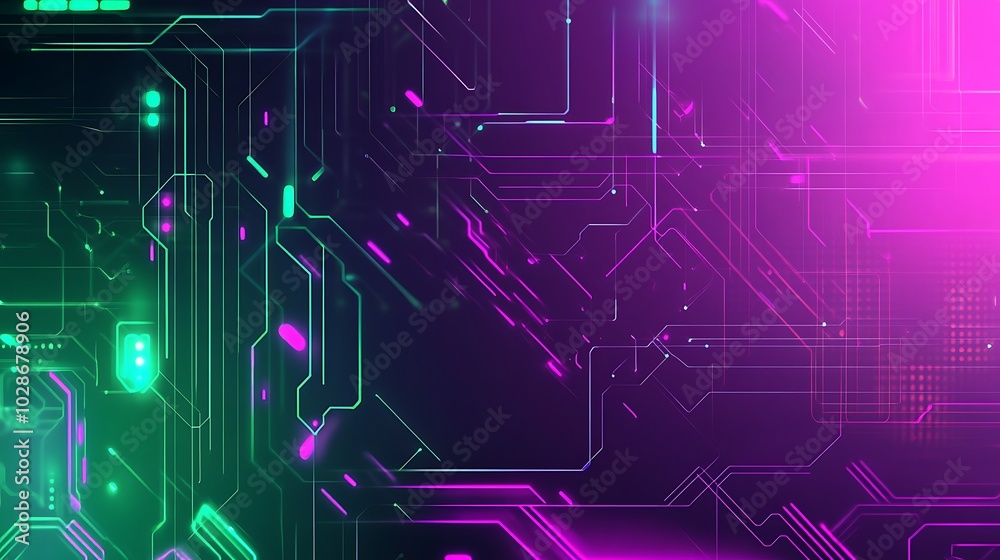Poster abstract digital background with green and pink glowing lines on a dark background.