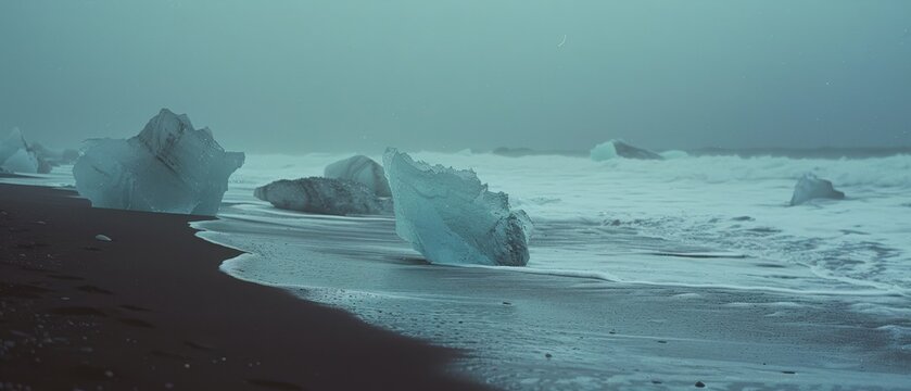 Icebergs rest on the black sand shore at dusk, with gentle waves lapping and a moody, misty atmosphere setting a tranquil, mysterious scene.
