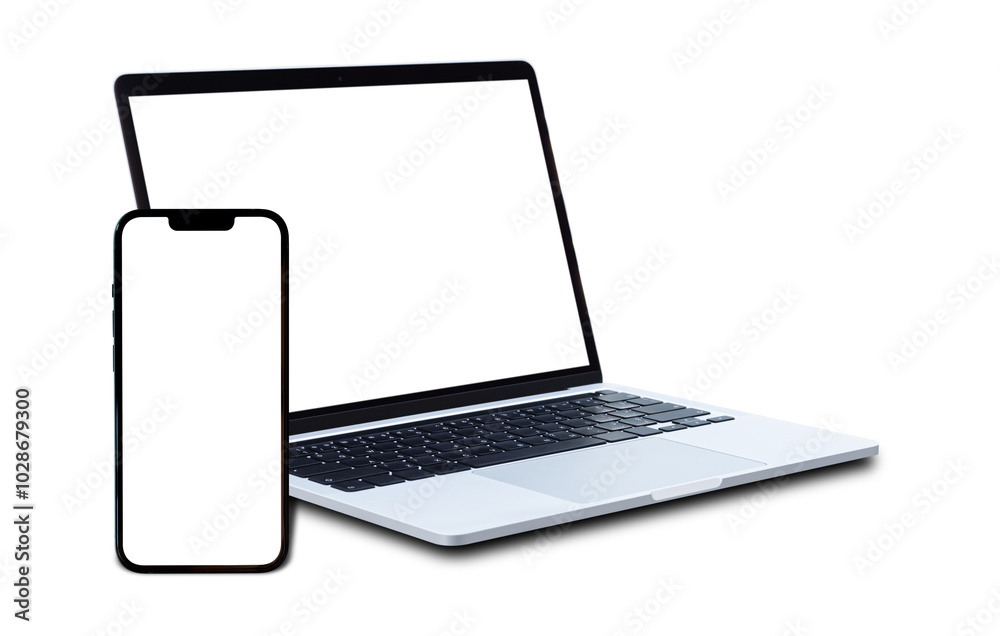 Canvas Prints laptop computer and mobile phone with blank screen isolated on transparent background, png file