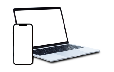 Laptop computer and mobile phone with blank screen isolated on transparent background, PNG File